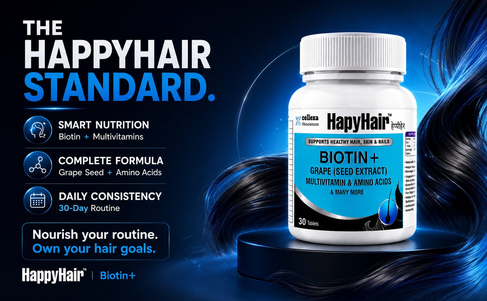 HappyHair Biotin Tablets for Hair Growth, Skin & Nails | 30 Tablets for Men & Women | 100% RDA Biotin, Multivitamins, Amino Acids & Grape Seed Extract | Daily Hair Nutrition & DHT-Related Hair Wellness Support