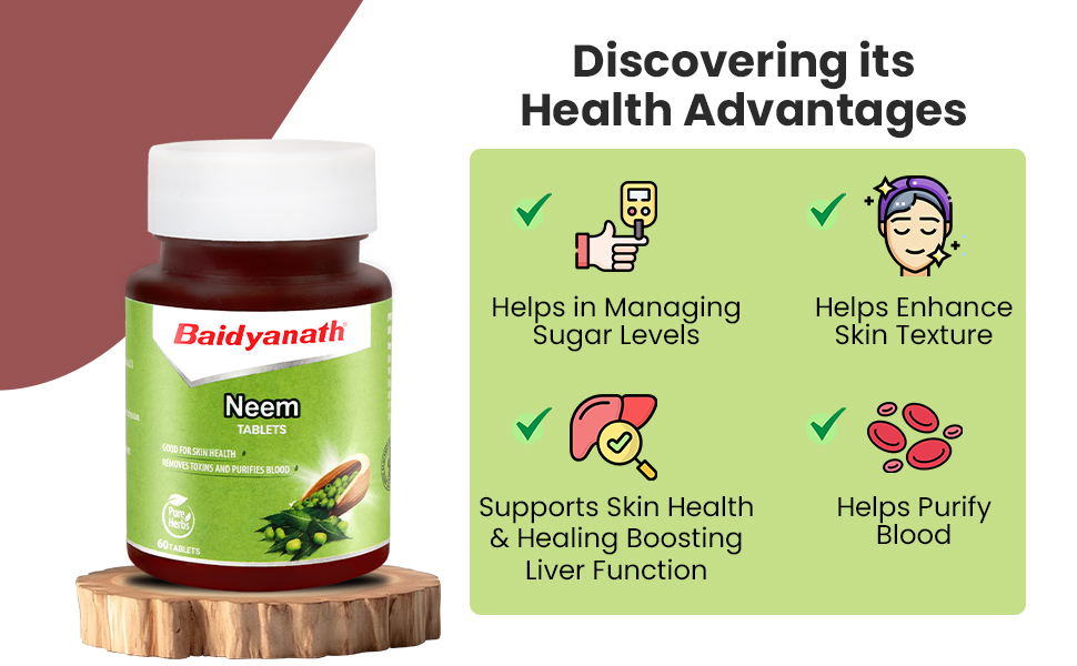 Baidyanath Ayurved Neem 60 Tablets | Ayurved Herb For healthy Skin & Hair, Natural Extracts Of Neem | Helps In Purification of Blood Boosting, Liver Health (Pack of 2)
