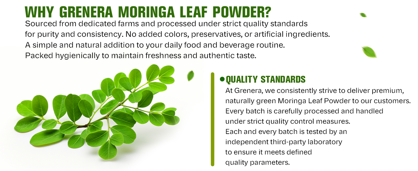 Grenera Organic Moringa Leaf Powder 1 kg, Drumstick Leaf Powder, Pure Shigru for Healthy Life, Organic Certified, No Chemicals or Preservatives