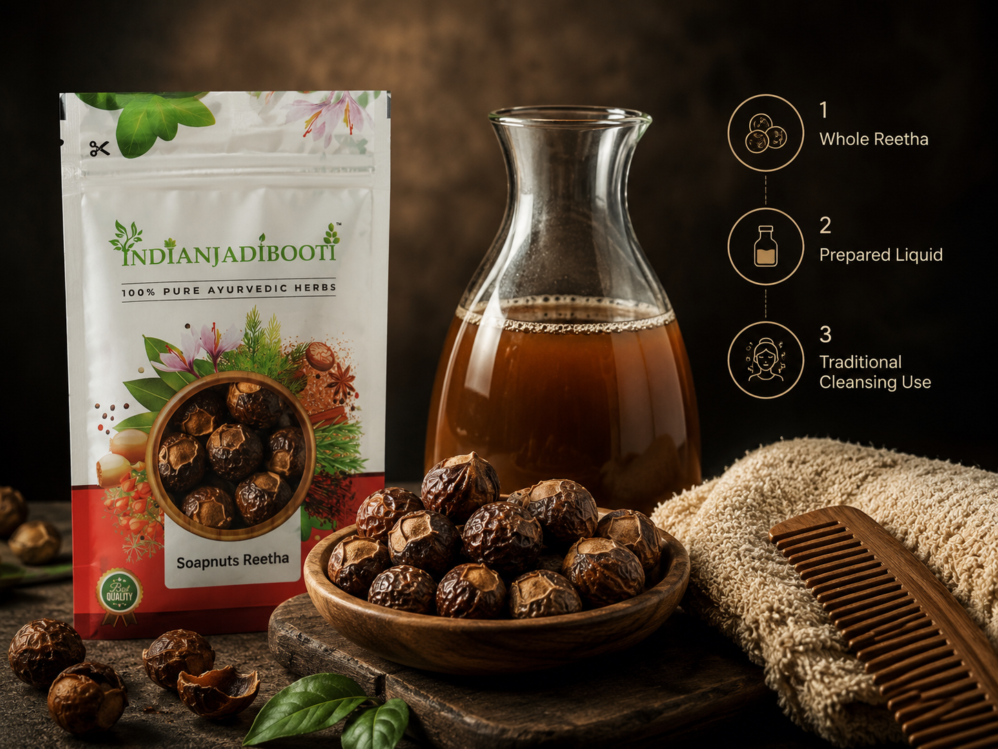IndianJadiBooti Reetha Whole | Soapnut (Aritha) | Sapindus Mukorossi | Natural SLS-Free Hair Cleanser, Shampoo & Conditioner | Organic Laundry Alternative | Dried & Raw | 1kg Pack
