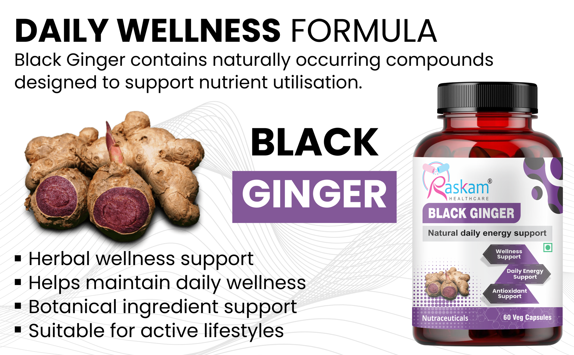 Black Ginger Capsules, 60 Veg Capsules Each, Improves Circulation, Boosts Energy with Powerful Antioxidants (Pack of 1)