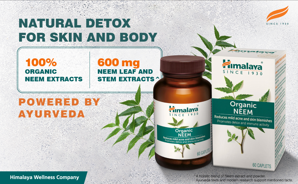 Himalaya OTC Wellness Organic Neem I For Skin & Body Detox I Reduced Acne Severity Scores by 45%* I Supports Healthy, Clear & Radiant Skin I 60 Veg Caplets