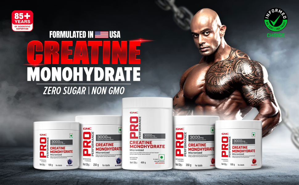 GNC Pro Performance Creatine Monohydrate WIth Black Shaker - 3000mg Creatine Per Scoop | Micronized for Faster Absorption | Boosts Energy, Muscle Volume & Performance | Gluten-Free | Blueberry | 250gm