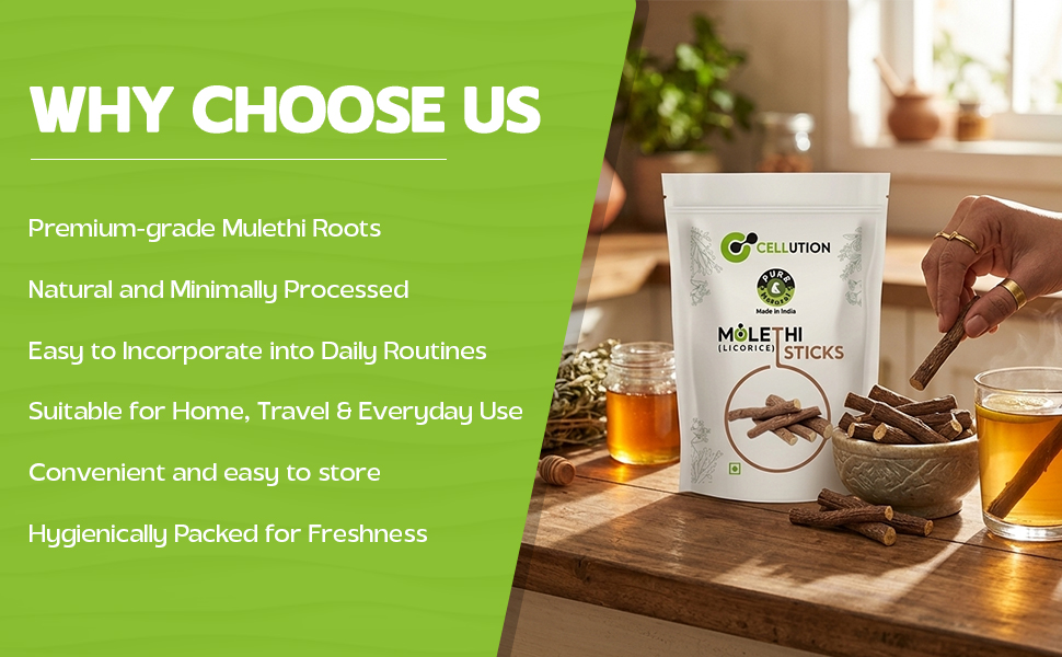 CELLUTION 100% Natural Mulethi Stick For Eating - 100gm - Licorice root/Glycyrrhiza glabra Sticks/Yastimadhu (100 Grams)