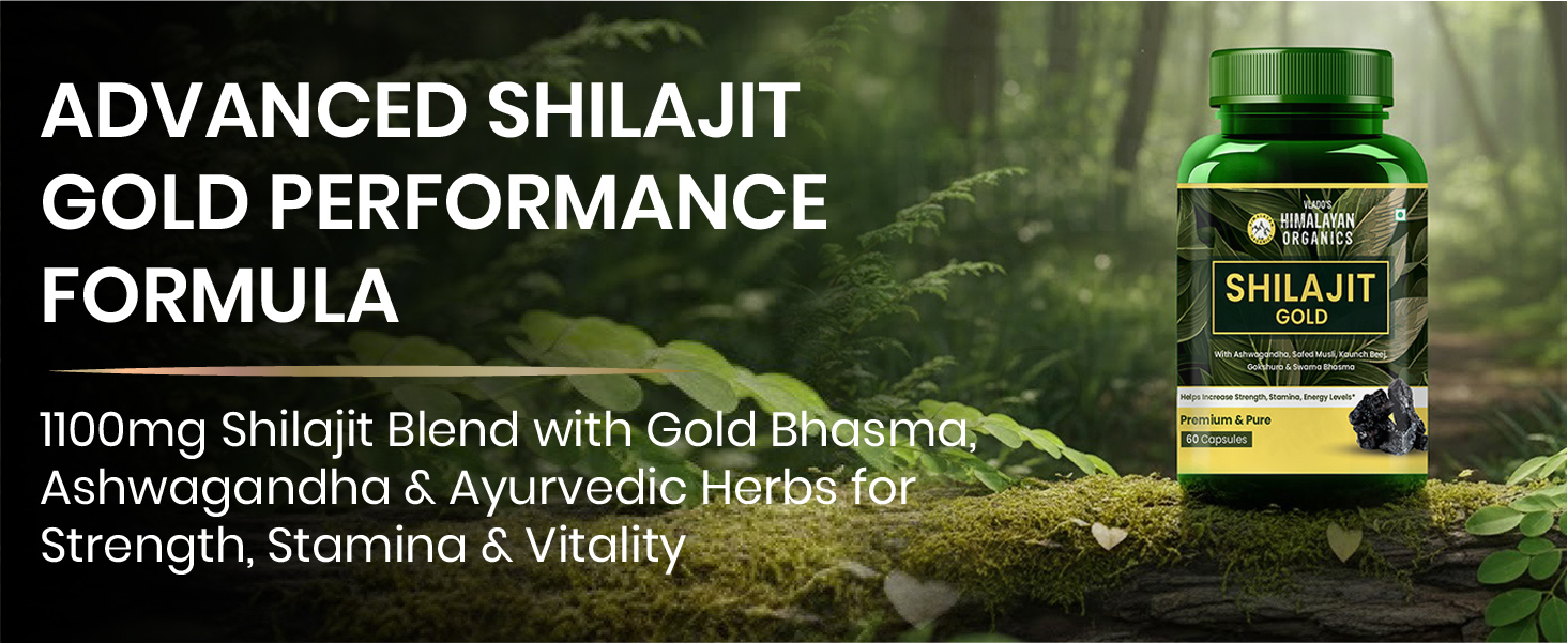 Vlado's Himalayan Organics 100% Pure shilajit with 24 Carat Gold Bhasam - 1100 MG/ Serving Capsules with Ashwagandha, Safed musli, Kaunch beej , Gokshura , Rajat & Swarnat Bhasma +12 more Higy potency Ayurvedic herbs I Extract,75% Fulvic Acid,85+ Trace Minerals | 10x More Powerful Shilajit/shilajeet I Boosts strength, Stamina, Power and Performance , Faster Muscle Recovery ,Restores Vigor and Vitality , Supports Healthy Testosterone Levels , For All Day Energy & Stamina - 60 Natural Capsules