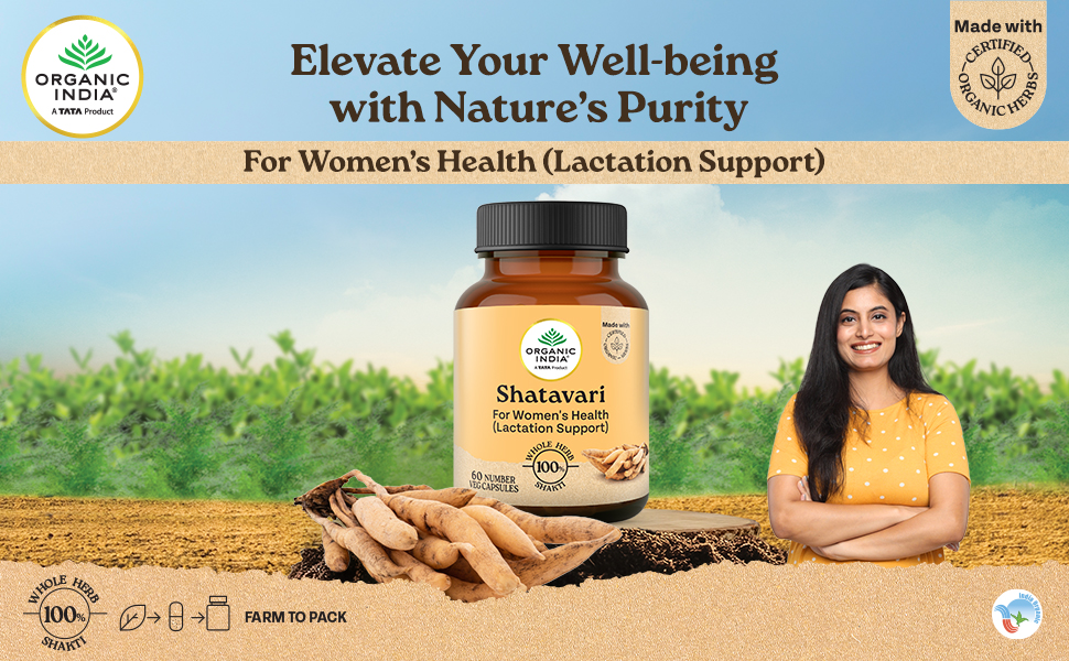 A TATA Product - Organic India Shatavari - 180 Veg Capsules, With Natural Plant Based Estrogens, Boosts Health & Vitality For Women Of All Ages & Restore Hormonal Balance, GMP & NPOP Certified Organic