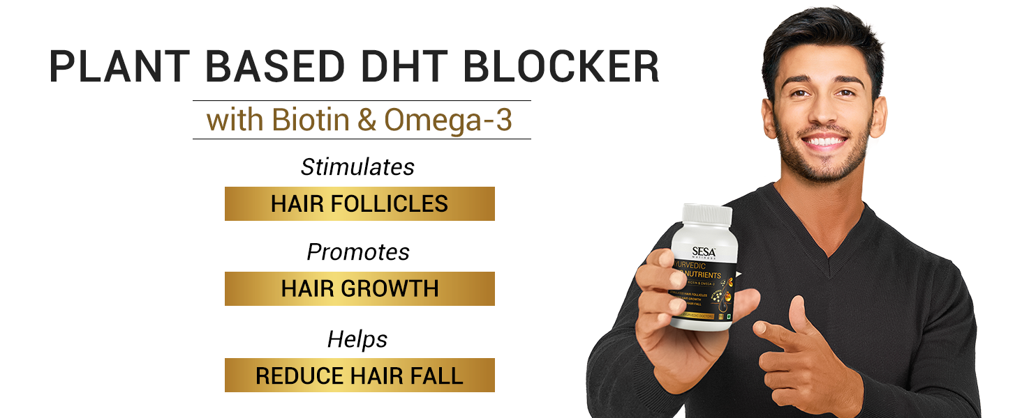 SESA Ayurvedic Hair Vitamins Biotin Tablets DHT Blocker 60 Capsules (Pack of 2) Plant based Gluten free Nutrients With Omega-3 & Flaxseeds | Controls Hair Fall & Stimulates Follicles | 100% Veg