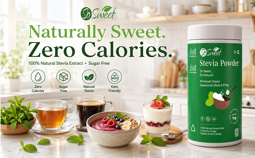 So Sweet Stevia Powder 1kg | Natural Sugar Substitute | Zero Calorie Sweetener for Tea, Coffee & Baking | Keto Friendly | Sugar Free Sweetener