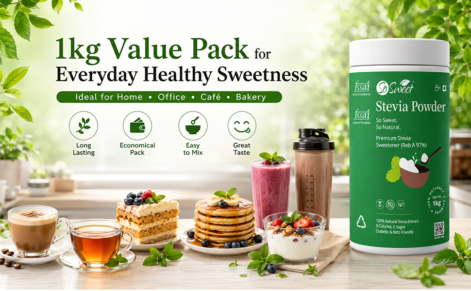 So Sweet Stevia Powder 1kg | Natural Sugar Substitute | Zero Calorie Sweetener for Tea, Coffee & Baking | Keto Friendly | Sugar Free Sweetener