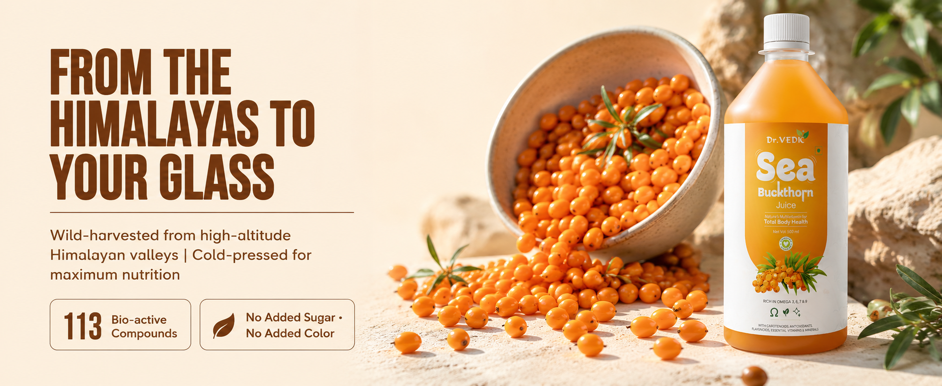 Dr. Vedic Himalayan Sea Buckthorn (Leh Berries) Pulp 500ml | Cold-Pressed Pulp Concentrate | No Added Sugar | Natural Vitamin C & Omega 3-6-7-9 | Supports Immunity, Skin Radiance & Gut Health | Herbal Superfruit Supplement