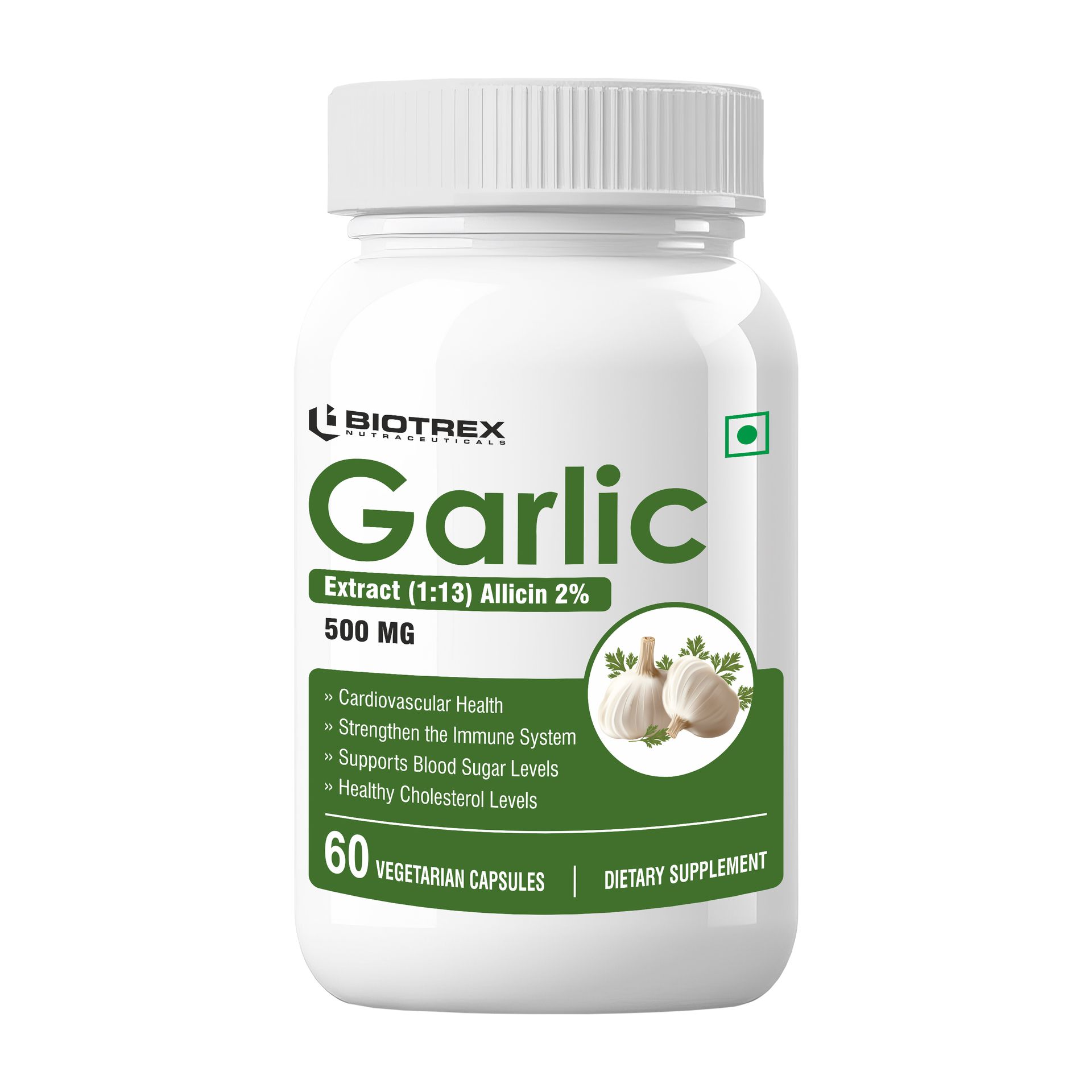 Biotrex Nutraceuticals Garlic 500 mg For Heart health,Cholesterol Management and Weight Loss - 60 Capsules