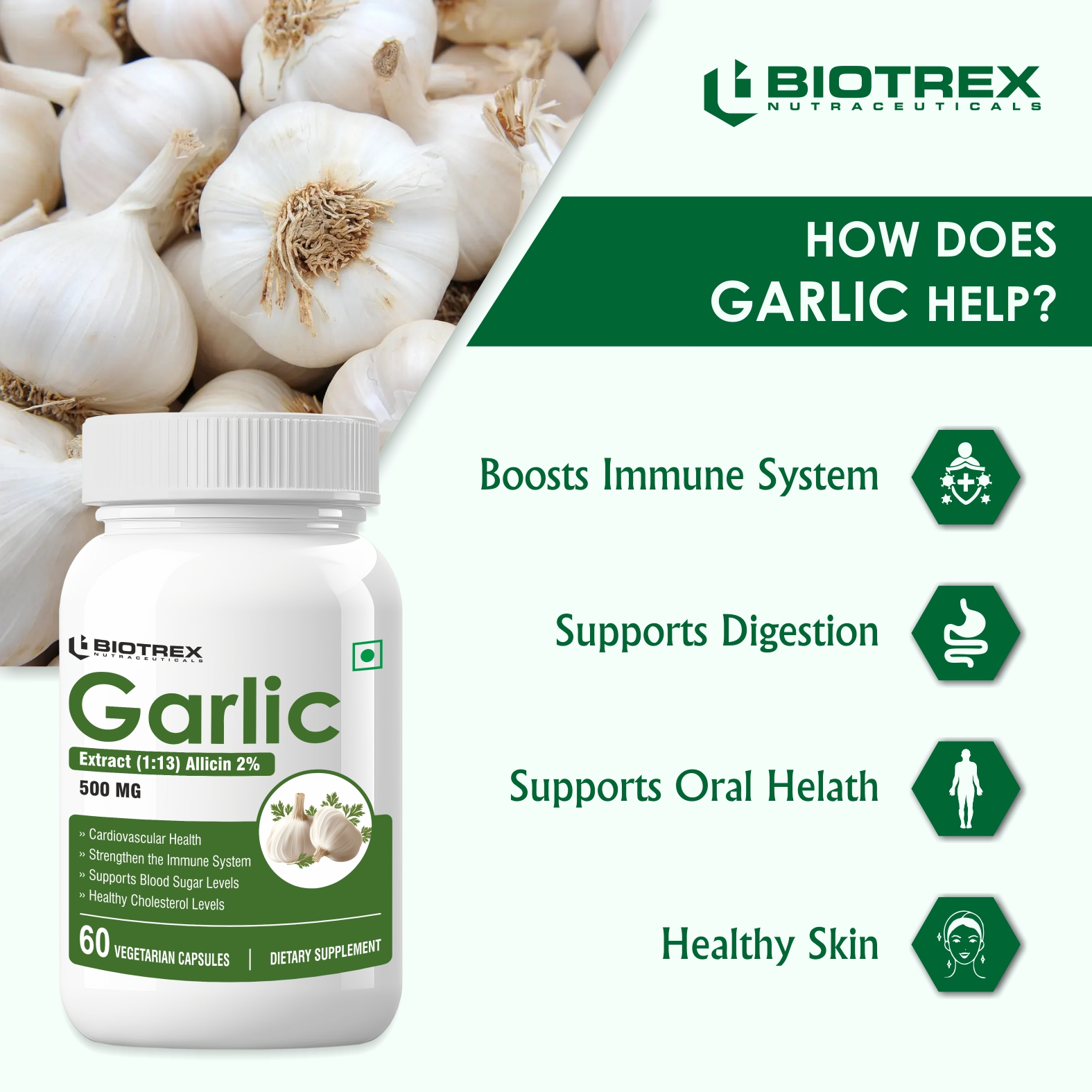 Biotrex Nutraceuticals Garlic 500 mg For Heart health,Cholesterol Management and Weight Loss - 60 Capsules