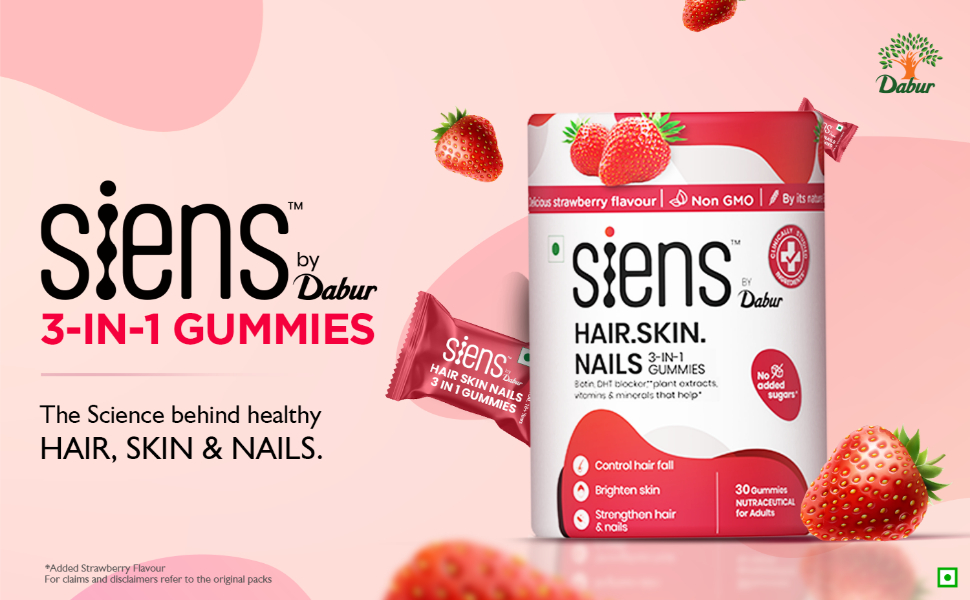 Siens By Dabur Hair, Skin & Nails (3 in 1 Gummies) - 30 pieces | Enriched with Biotin, DHT Blocker, Plant Extracts, Vitamins & Minerals | Brightens Skin, Control Hairfall, Strengthens Hair & Nails