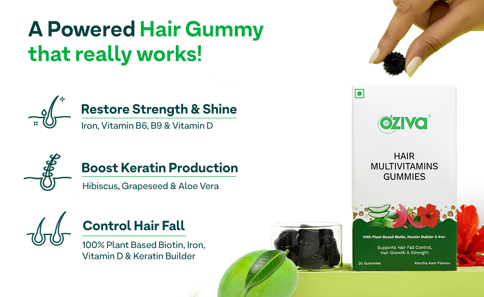 OZiva Biotin Hair Multivitamins Gummies For Stronger,Fuller,Shinier Hair|Hair Gummies With Keratin Builder,Iron&Vitamins B9,B6&D|Raw Mango Flavour|No Added Sugar (Pack Of 1,30 Gummies)