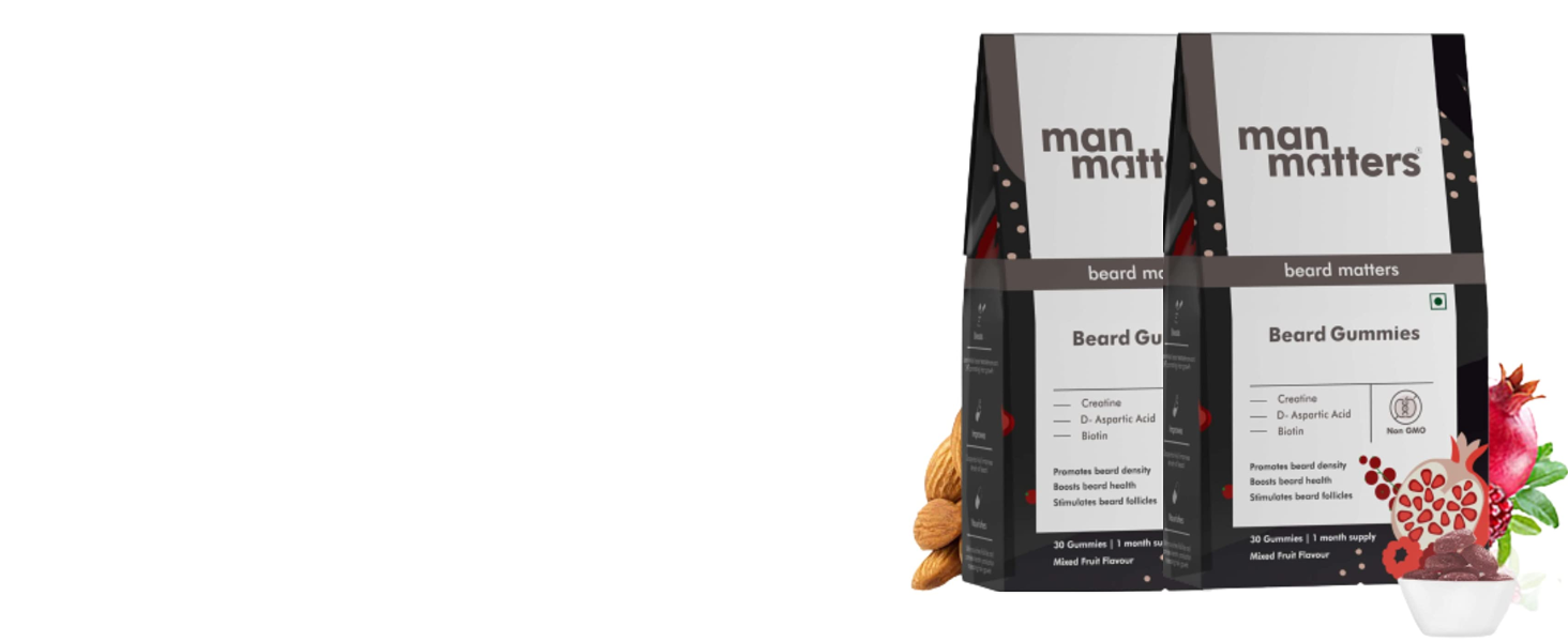 Man Matters Beard Gummies for Men | 30 Days Pack | Thicken Beard, Stimulates Beard Follicles & Improves Beard Density | Biotin, D-aspartic Acid & Creatine | Gelatin-Free,100% Veg