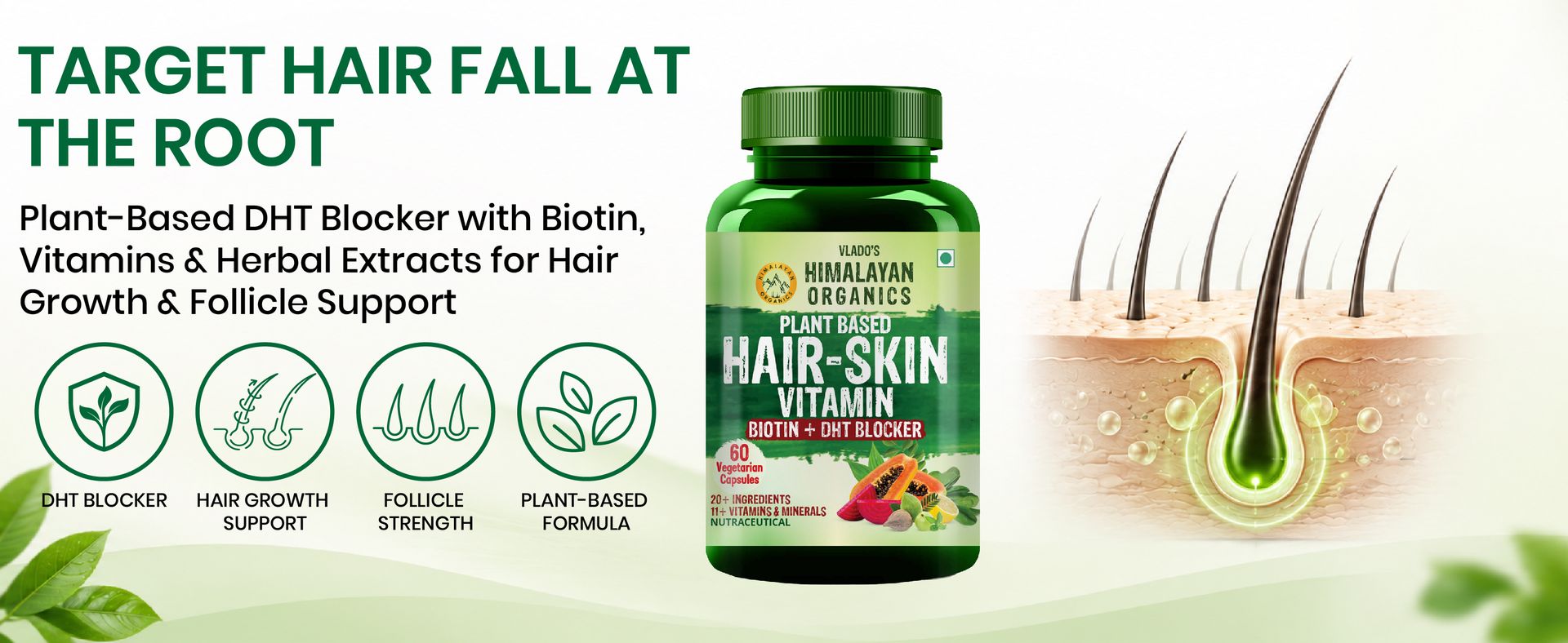 Vlado’s Himalayan Organics Pure Biotin, DHT Blocker Supplement, Plant-Based Vitamin B1, B2 , B3, B5, B6, B7 , B9, B12 , Vitamin c ,Vitamin D3 ( Cholecalciferol ) (With Goodness of Nettle Leaves | Helps Reduce Hair Fall, Controls Hair Fall, Stimulates Hair Follicles & Promotes Hair Growth | For Men And Women - 60 Veg Capsules