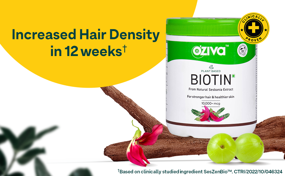 OZiva Biotin For Hair Growth|Biotin Powder for Hair & Healthier Texture, Skin, Nails & Body (With Silica, Sesbania Agati, Vitamin B6),Certified Clean & Vegan, 125g (Lemon)