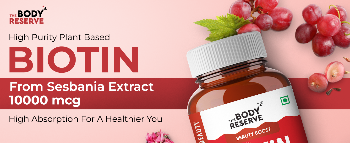The Body Reserve Plant-Based Biotin Tablets - 60 Veg Tablets, Biotin from Sesbania Extract with Amla & Grapeseed - Supports Hair, Skin, and Nails - For Men & Women