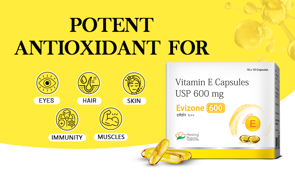Healing Pharma - Evibrook 600 mg Vitamin E Capsule for Face, Skin and Hair | Vitamin E Supplements for Men and Women - 10 Caps x 4 Strip