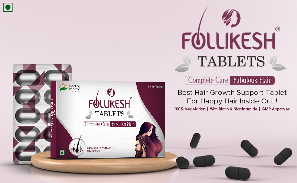 Healing Pharma - Follikesh Tablets For Hair Growth & Hair Fall Control With Vitamin B7 (Biotin), Zinc & Niacinamide | Biotin Supplement For Women & Men - 10 Tabs