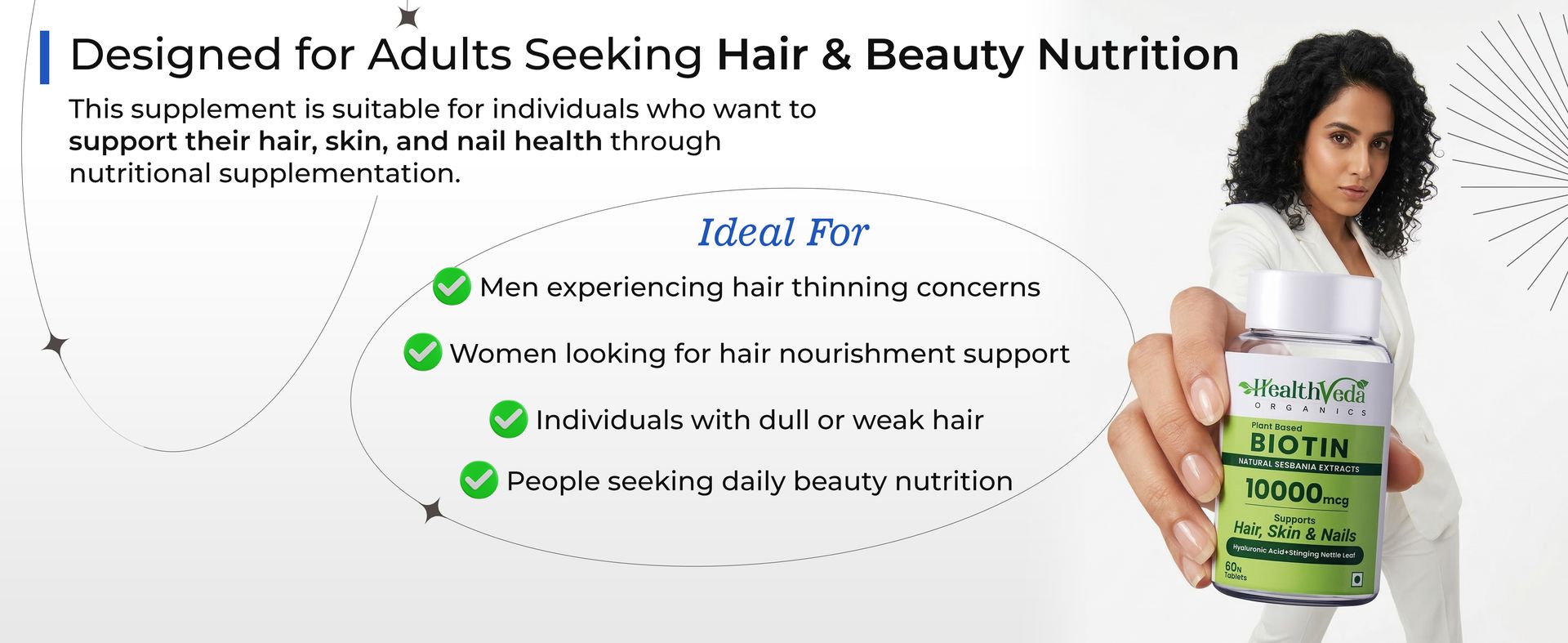 Health Veda Organics Biotin Tablets for Hair Growth | Biotin Supplement 10000mcg for Men & Women | Supports Hair, Skin & Nails | With Bhringraj, Stinging Nettle, Green Tea, Zinc & Vitamin E | 60 Tablets