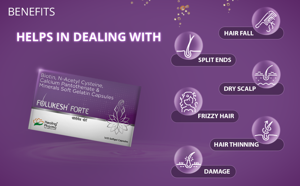 Healing Pharma - Follikesh Forte Biotin Capsule Advanced Formula for Hair Fall Control & Volume – Enriched with Biotin and Minerals – 1 x 10 Softgels for Stronger, Shinier Hair and Healthy Nails
