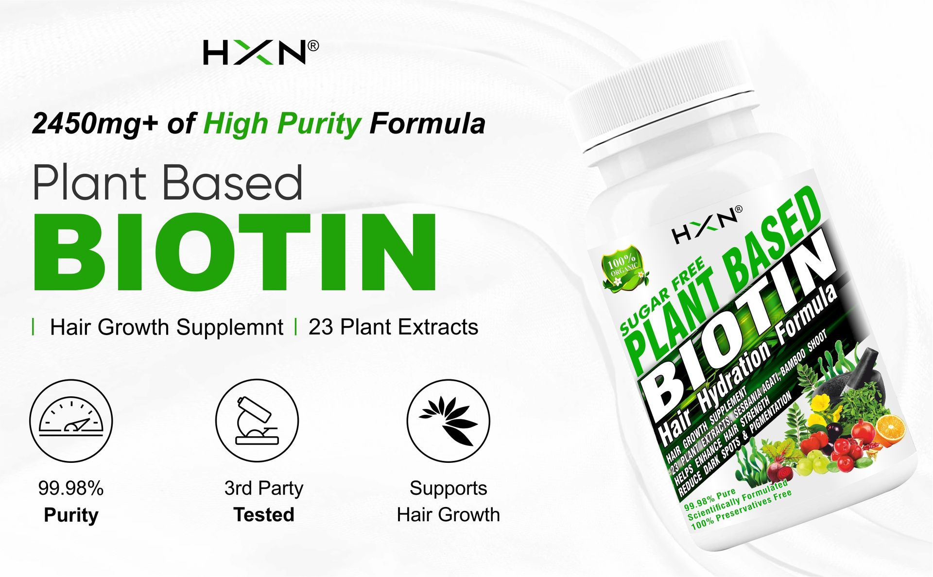 HXN Hair Supplements For Women, With Vitamin C, Glutathione Supplement & Multivitamins, Plant-Based Biotin Tablets For Hair Growth, Fall Control & Regrowth Supplement-120 (Pack 2)