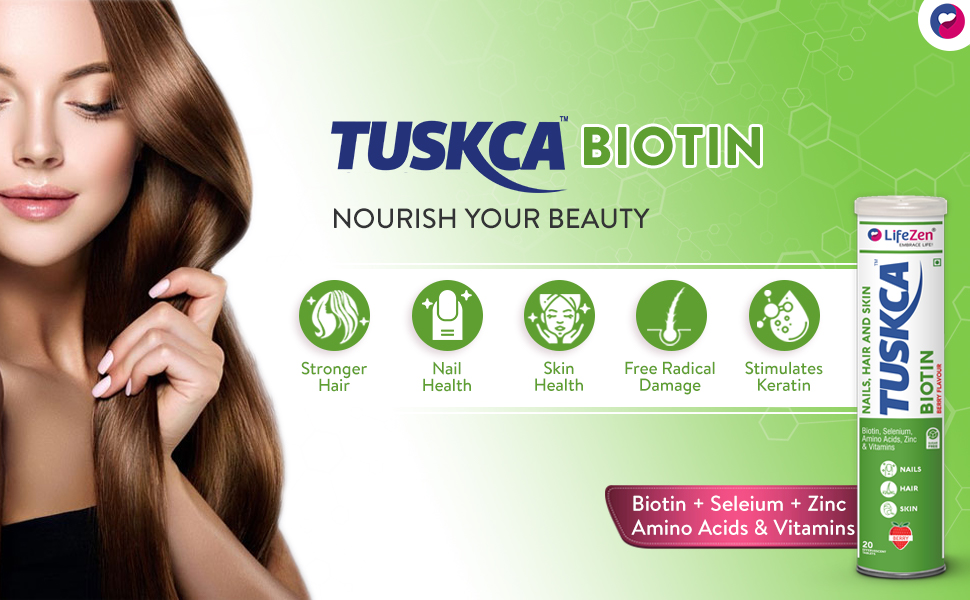 Tuskca Biotin + Selenium + Zinc for Hair, Nails & Skin Health | 20 Effervescent Tablet (Pack of 1) Berry Flavour