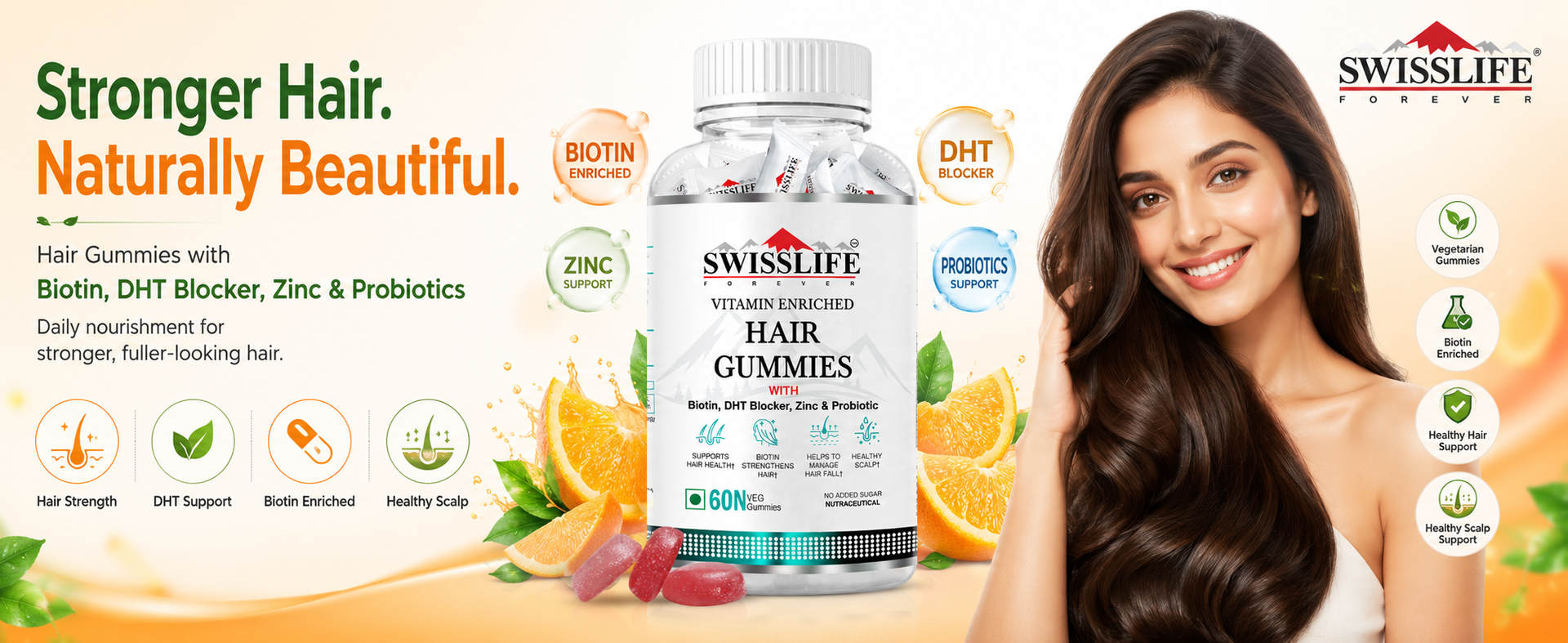 SwissLife Forever Hair Gummies for Men & Women | Biotin, Zinc, DHT Blocker & Probiotics | Supports Hair Growth, Strength & Scalp Health | Orange Flavour | 60 Gummies | Vegetarian