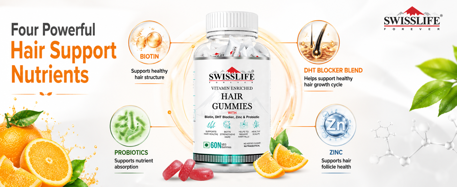 SwissLife Forever Hair Gummies for Men & Women | Biotin, Zinc, DHT Blocker & Probiotics | Supports Hair Growth, Strength & Scalp Health | Orange Flavour | 60 Gummies | Vegetarian