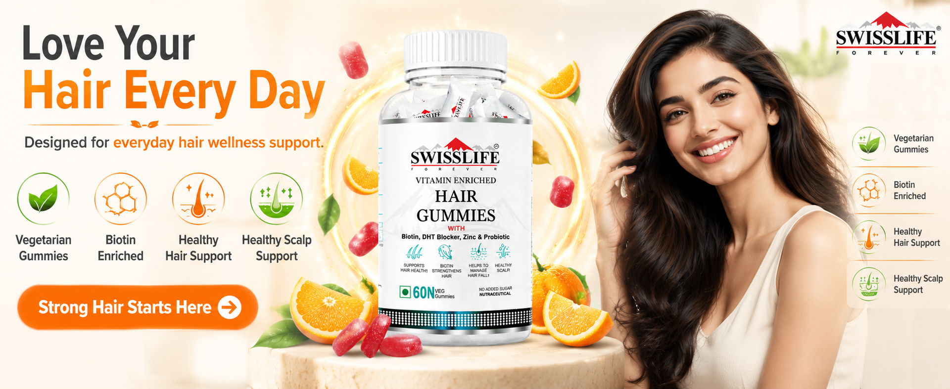 SwissLife Forever Hair Gummies for Men & Women | Biotin, Zinc, DHT Blocker & Probiotics | Supports Hair Growth, Strength & Scalp Health | Orange Flavour | 60 Gummies | Vegetarian