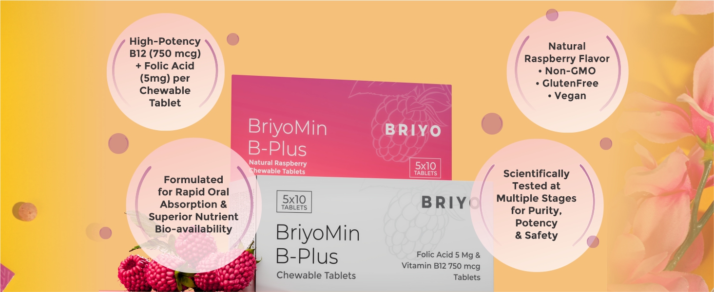 Briyomin B Plus: Folic Acid & Vitamin B12 Tablets - Supports Red Blood Cells, DNA Synthesis, and Nervous System Health - Natural Raspberry Flavored B9 & B12 Chewable Tablets (Pack of 50)