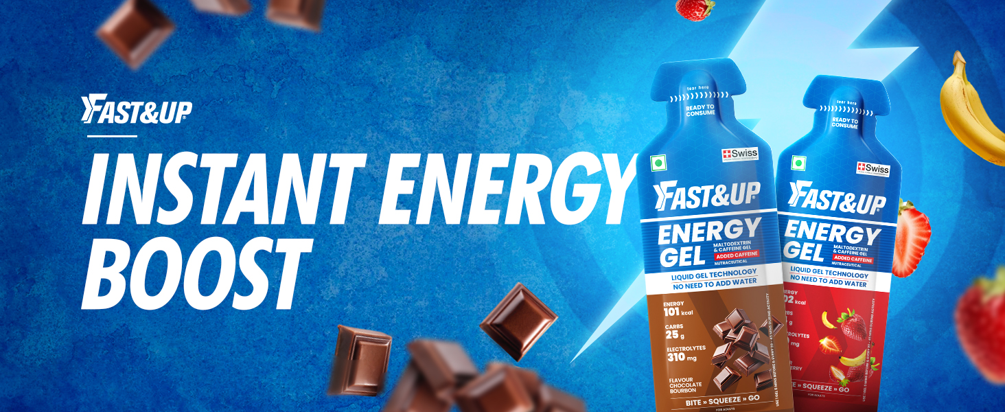Fast&Up Energy Gel- Chocolate Bourbon flavour (Caffeinated) - Pack of 6 Gel Sachets, For Instant energy boost, Improved endurance and performance