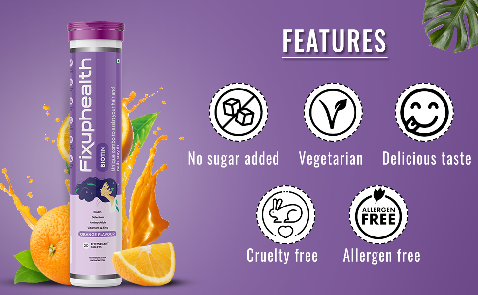 Fixuphealth Biotin Effervescent Tablets for Hair Growth | Biotin, Zinc, Selenium, Amino Acids & Vitamin E | Hair Skin Nails Supplement for Men & Women | Orange Flavour | 20 Tablets