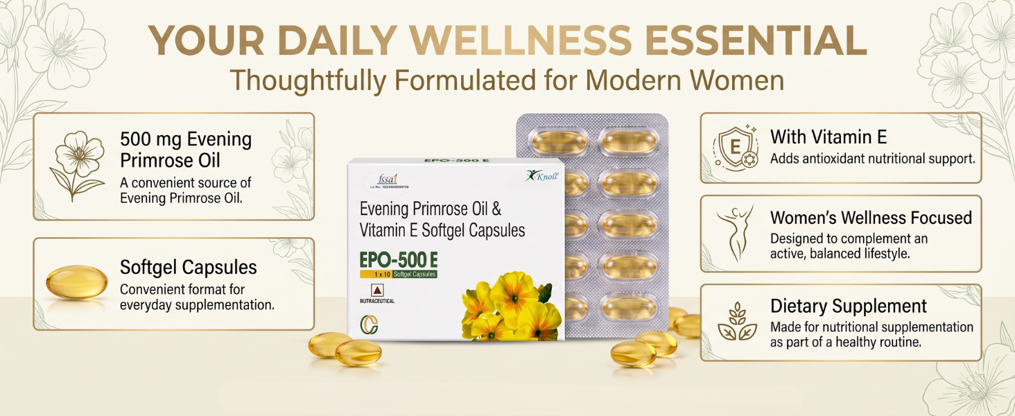 Knoll Healthcare EPO-500E Evening Primrose Oil 500 mg with Vitamin E Softgel Capsules | Supports Women’s Wellness, Skin Health & Antioxidant Support | Dietary Supplement (5x10 Capsules)