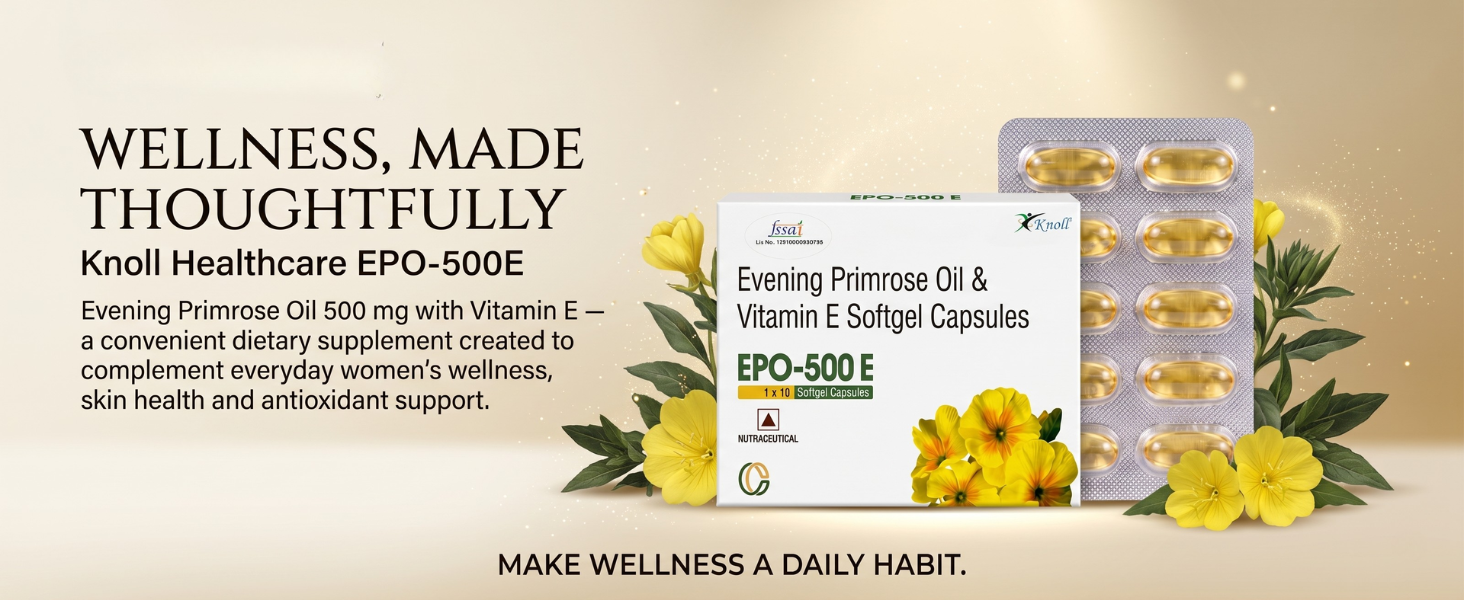 Knoll Healthcare EPO-500E Evening Primrose Oil 500 mg with Vitamin E Softgel Capsules | Supports Women’s Wellness, Skin Health & Antioxidant Support | Dietary Supplement (5x10 Capsules)