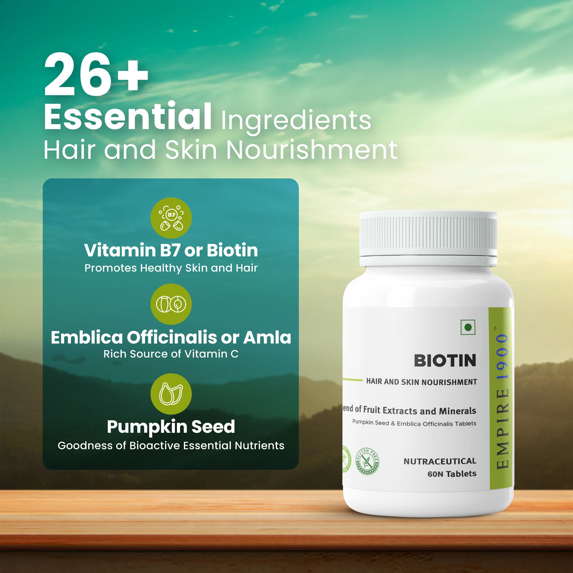EMPIRE 1900 Biotin Tablets for Hair and Skin Nourishment|Hair and Skin Health|Skin Nourishment Supplement|Biotin for hair|Hair Care|Biotin Supplement|Biotin Vitamins|60 Veg Tablets (60.00)