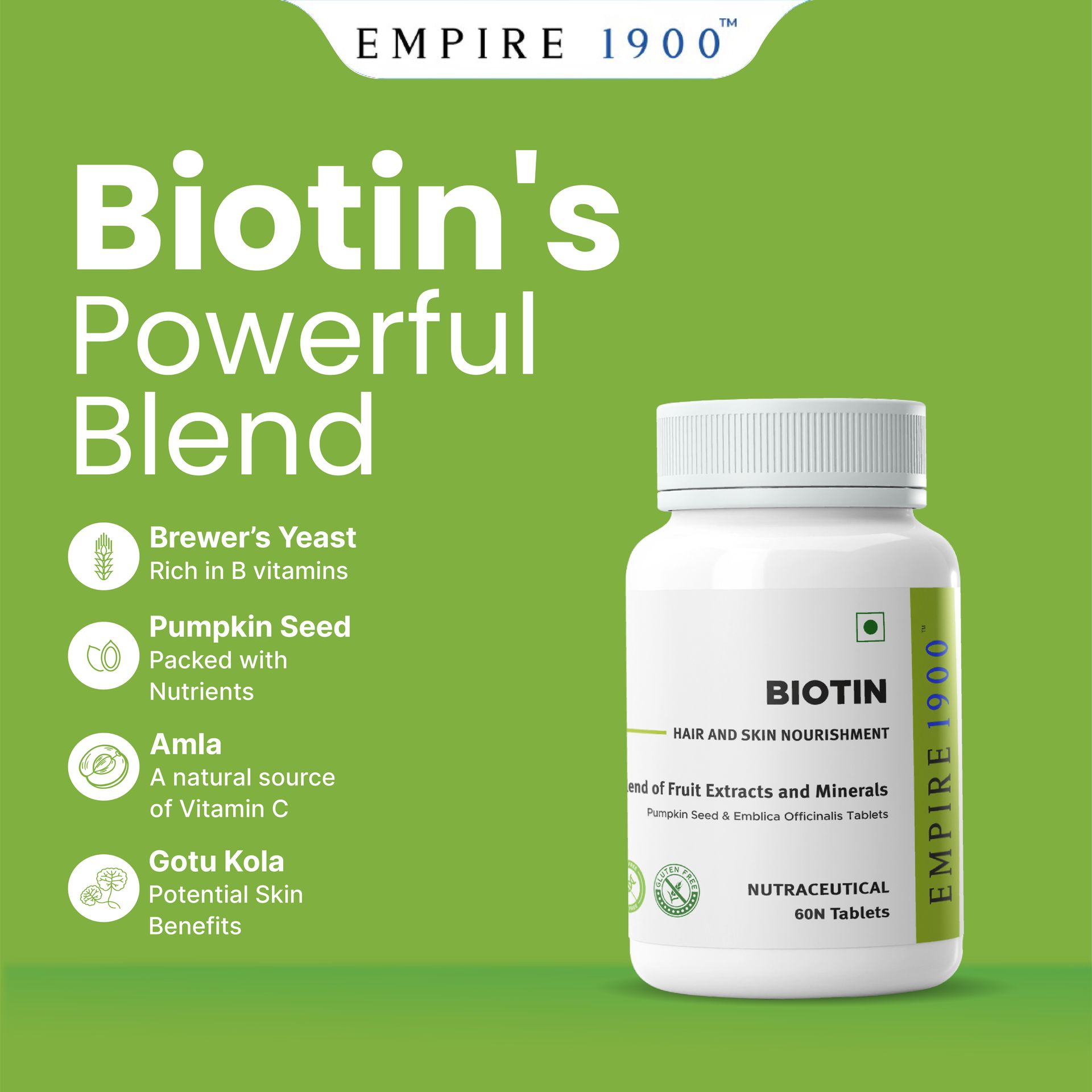 EMPIRE 1900 Biotin Tablets for Hair and Skin Nourishment|Hair and Skin Health|Skin Nourishment Supplement|Biotin for hair|Hair Care|Biotin Supplement|Biotin Vitamins|60 Veg Tablets (60.00)
