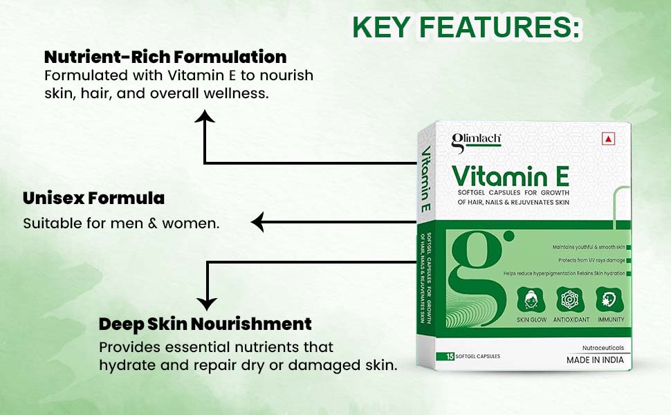GLIMLACH Vitamin E Capsule for Glowing Face, Skin and Hair Nutrition, Vitamin E Capsule Pack with Nutrient-Rich Formulation for Face Care, Skin Care and Hair Care (15 Capsules Each) (Pack of 7)