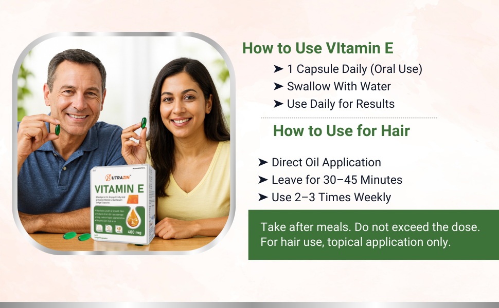 Vitamin E 400 mg Capsules with Wheatgerm Oil & Omega 3 | Vitamin E Capsules for Face and Hair (100 Capsules)