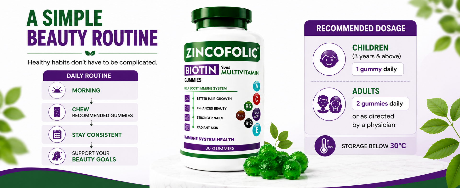 Zincofolic Biotin Gummies | Hair, Skin & Nails Support | Daily Multivitamin Gummies for Men & Women | With Biotin, Zinc, Folic Acid & Vitamins A, C, E, B6, B12 | 30 Gummies