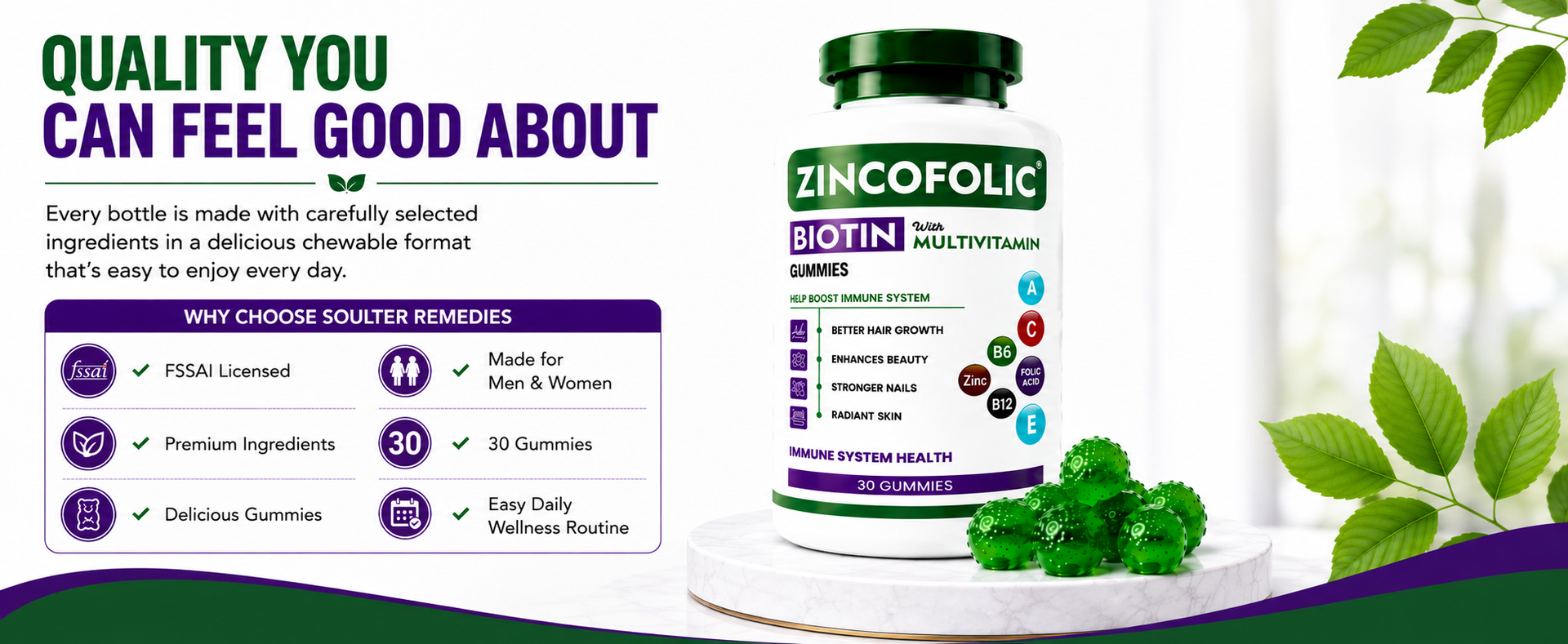 Zincofolic Biotin Gummies | Hair, Skin & Nails Support | Daily Multivitamin Gummies for Men & Women | With Biotin, Zinc, Folic Acid & Vitamins A, C, E, B6, B12 | 30 Gummies