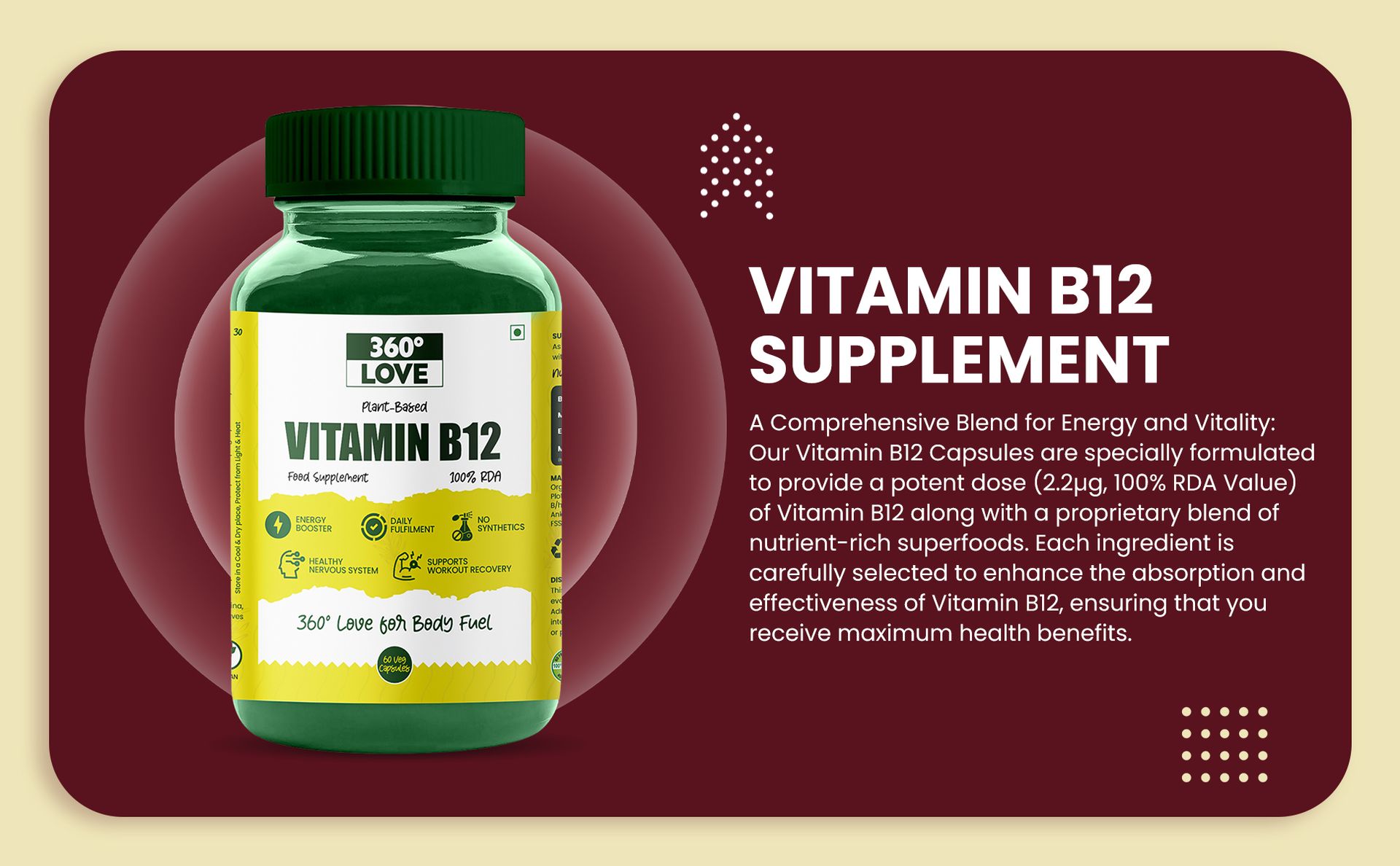Plant-Based Vitamin B12 Supplement | Natural Superfood Blend with Spirulina, Wheatgrass, Barley Grass, Moringa & Beetroot | for Energy, Metabolism & Immune Support | 60 Capsules