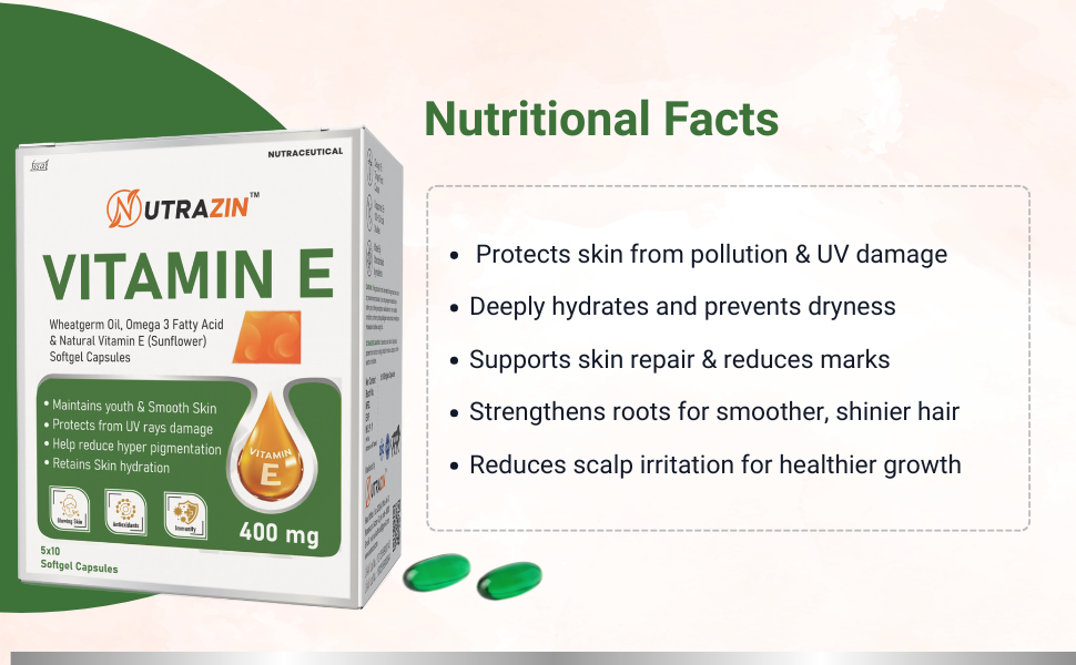 Vitamin E 400 mg Capsules | Vitamin E Capsules for Face and Hair | Supports Skin Hydration, Hair Care & Antioxidant Support | 50 Softgels