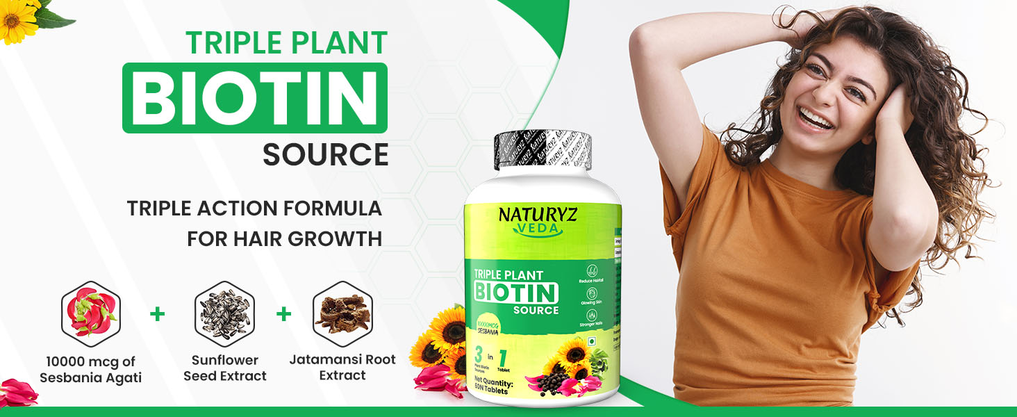 NATURYZ VEDA Triple Plant Biotin for Hair growth | 100% RDA Biotin| Sesbania Agati | Suryamukhi |Jatamansi | Black pepper | Better Absorption with 3 Vegan Sources | Stronger & Increased Hair density | Shinier Nails | Glowing Skin - 90 Tablets