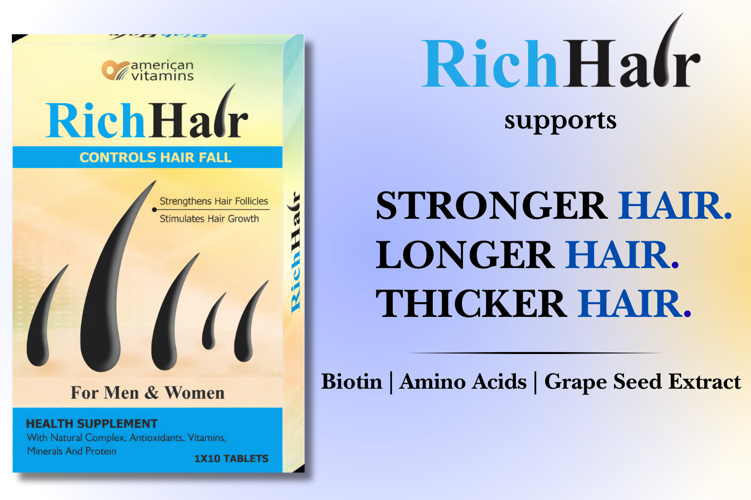 RICHHAIR Advanced Hair Supplement for Strength & Growth Support with Biotin, Amino Acids, Grape Seed Extract & 10+ Essential Vitamins – 10 Capsules for Men & Women