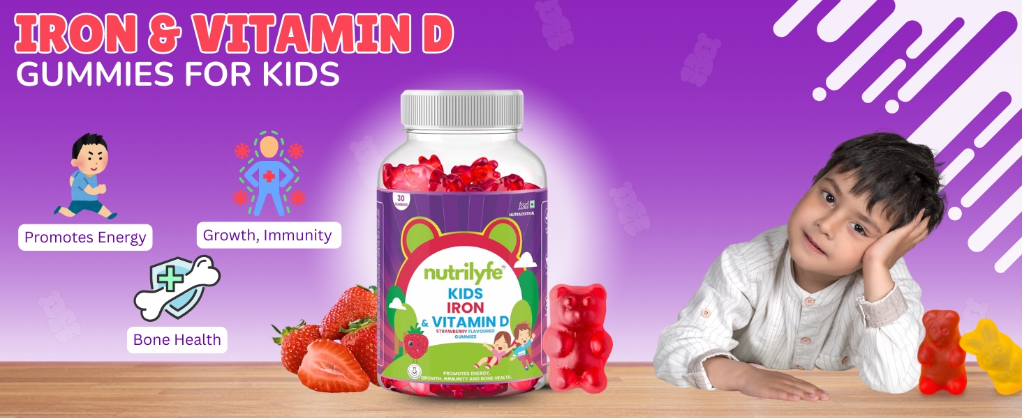 Iron & Vitamin D Gummies for Kids | Promotes Energy, Growth, Immunity & Bone Health | Improves Haemoglobin as it Contains Multivitamins | Bear Shaped 30 Gummies-Strawberry Flavored Gummy