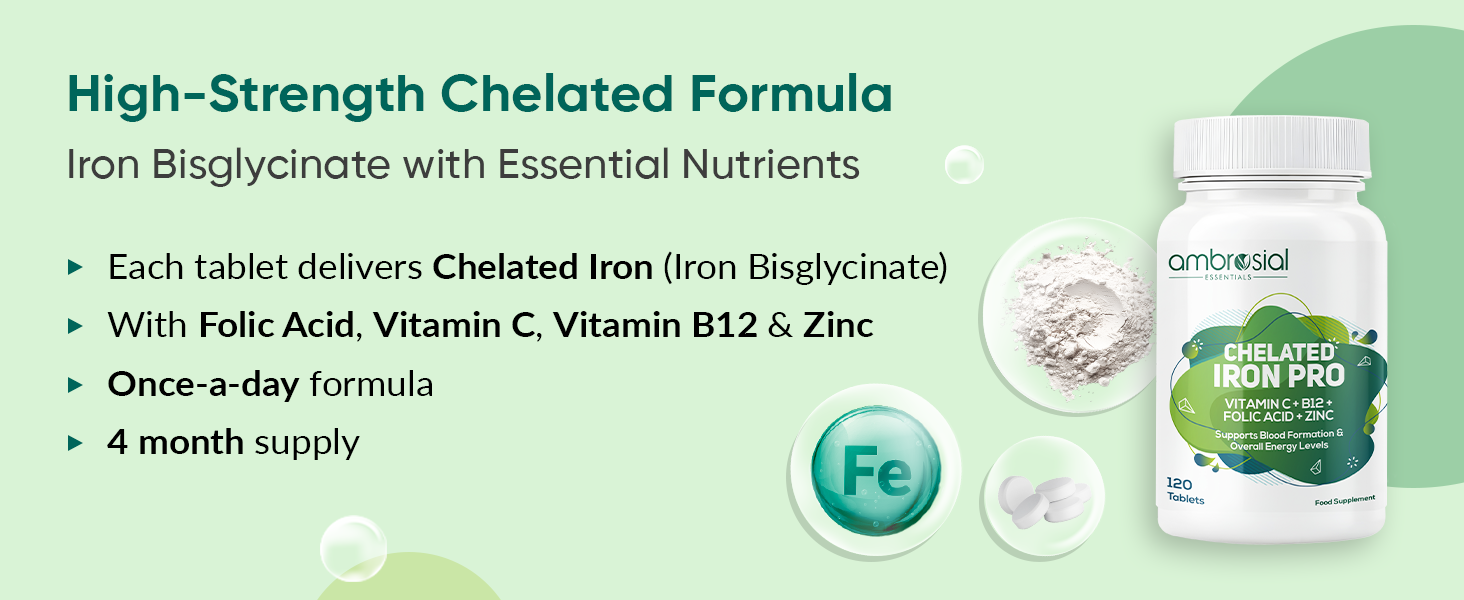 Ambrosial Iron Bisglycinate with Folic Acid, Vitamin C, Vitamin B12 & Zinc | Chelated Iron Tablets for Men & Women | 120 Vegetarian Tablets