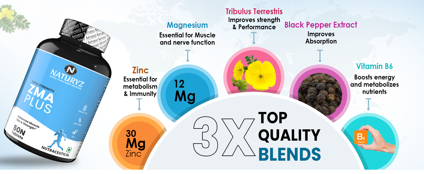 Naturyz Triple Strength ZMA Plus, 5-in-1 Muscle Strength & Nightime Recovery Support Supplement with 450 mg Magnesium Aspartate, Tribulus, Zinc, B6, Black Pepper for Men & Women - 50 Tablets