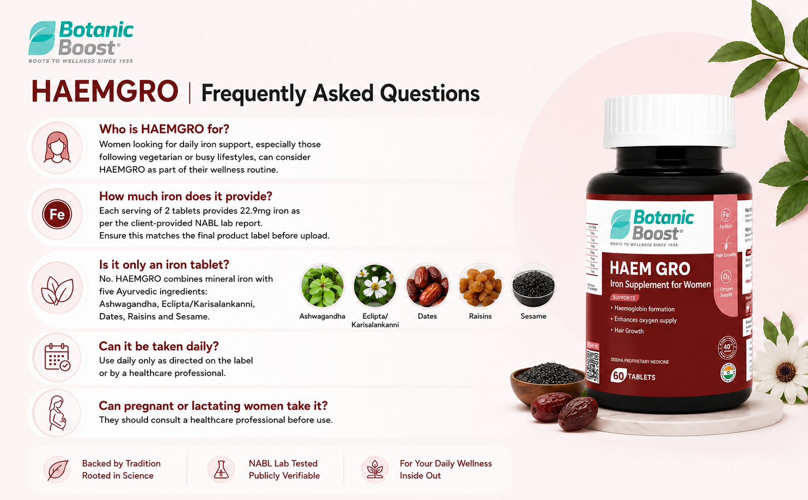 Haem Gro Iron Supplement for Women - 60 Tablets - Supports Haemoglobin Formation, Oxygen Supply, Energy, Hair Growth & Women’s Wellness with Ayurvedic Herbs Ashwagandha, Raisins, Sesame